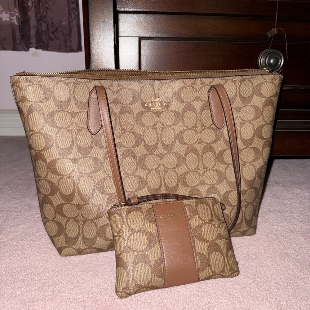 Coach Signature Canvas Tote in Brown + Coach Signature Corner Zip Wristlet